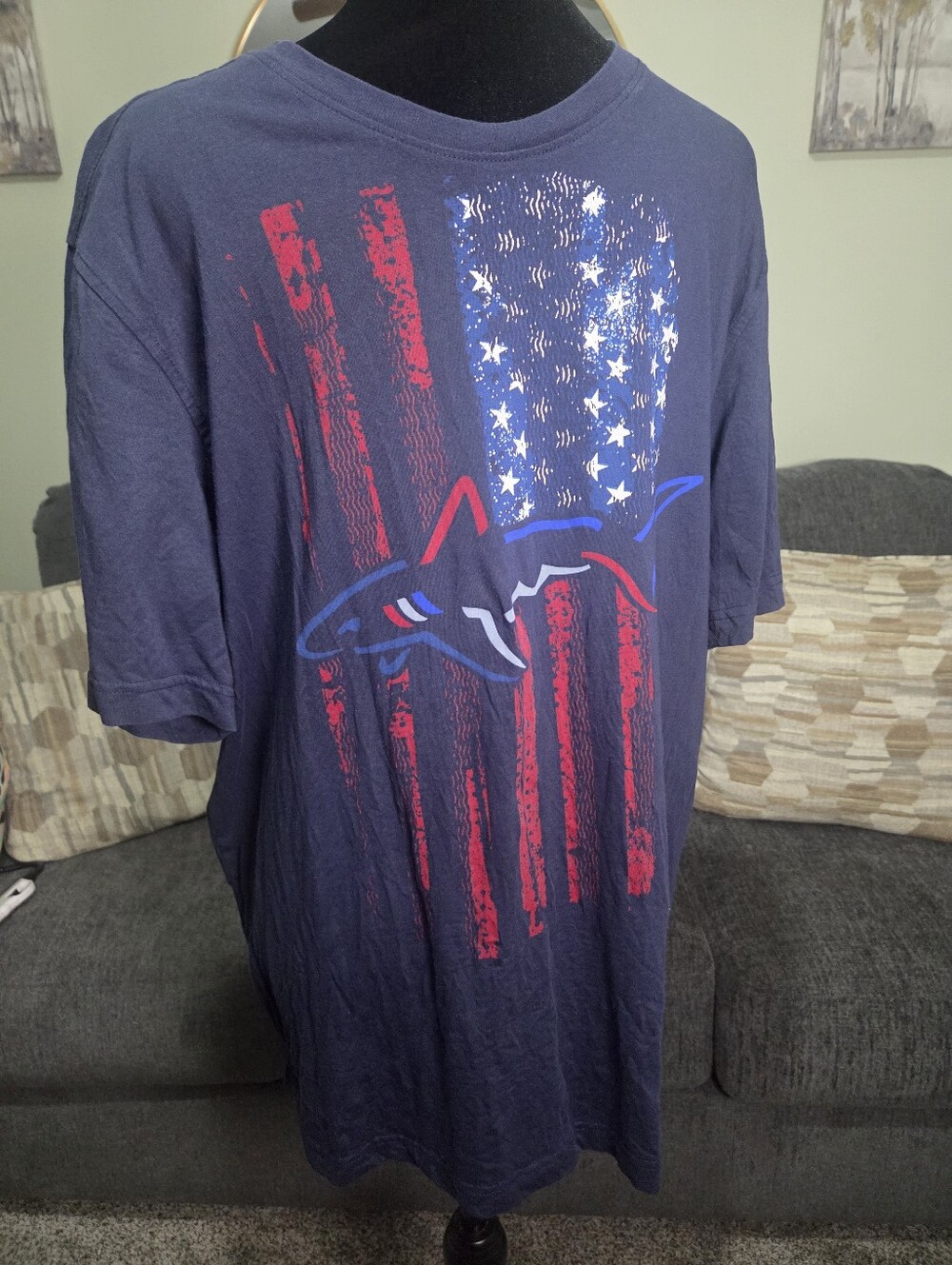 Men's Navy Graphic Tee with American Flag Shark Design